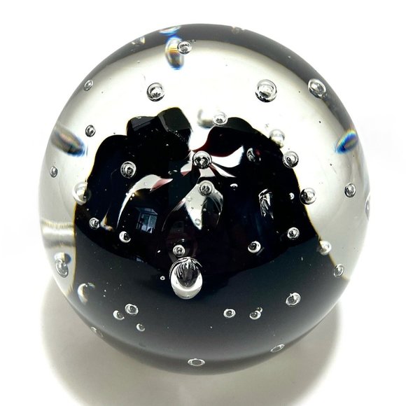 Vintage 1980s Edinburgh Art Glass Paperweight Bullicante Clear & Black Abstract - Picture 4 of 8